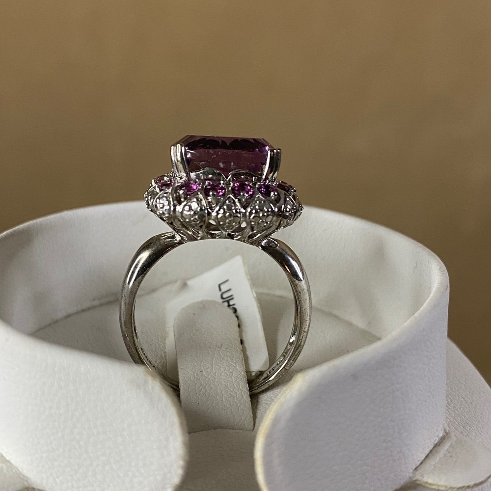 Cushion Purple Fluorite & Rhodolite Garnet‎ Sterling Silver 925 Ring Halo Sz 9 - Picture 4 of 9